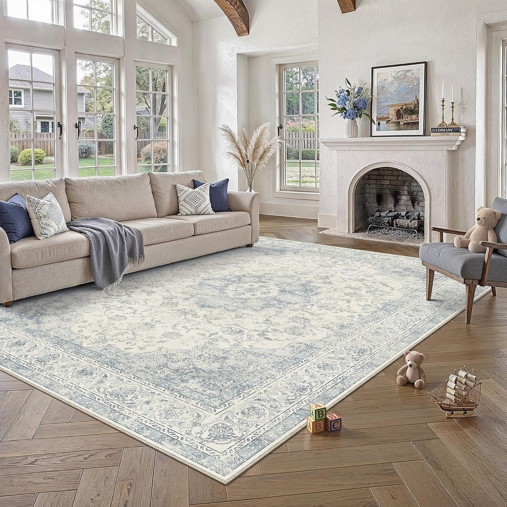 8x10 Blue Washable Area Rug Non Slip Vintage Carpet
