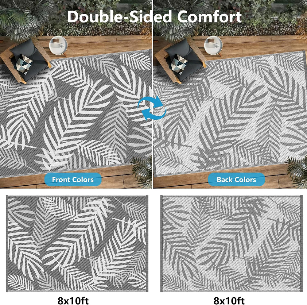 Kohree Outdoor Rug, Leaf, 8x10, Grey & White