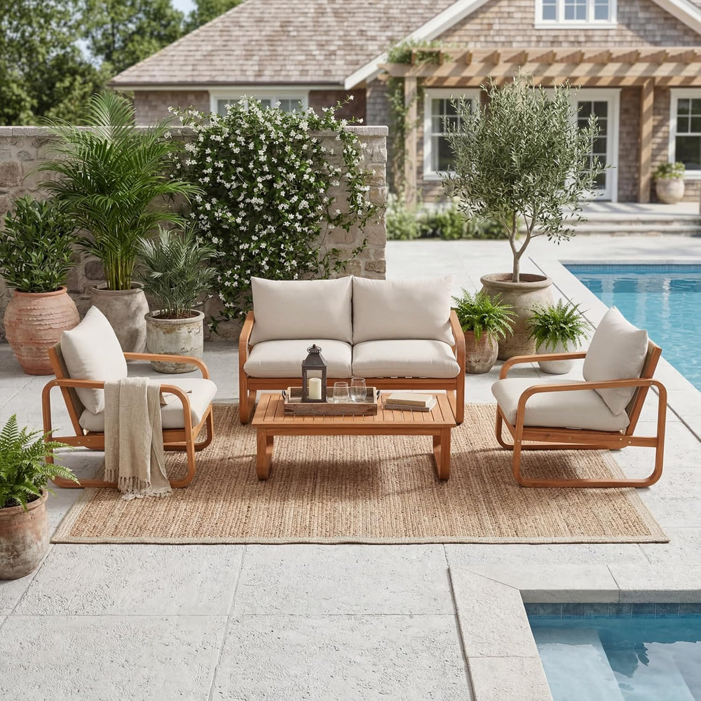 Merax Outdoor 4-Piece Acacia Wood Conversation Set - Patio 2-Seat Loveseat So...
