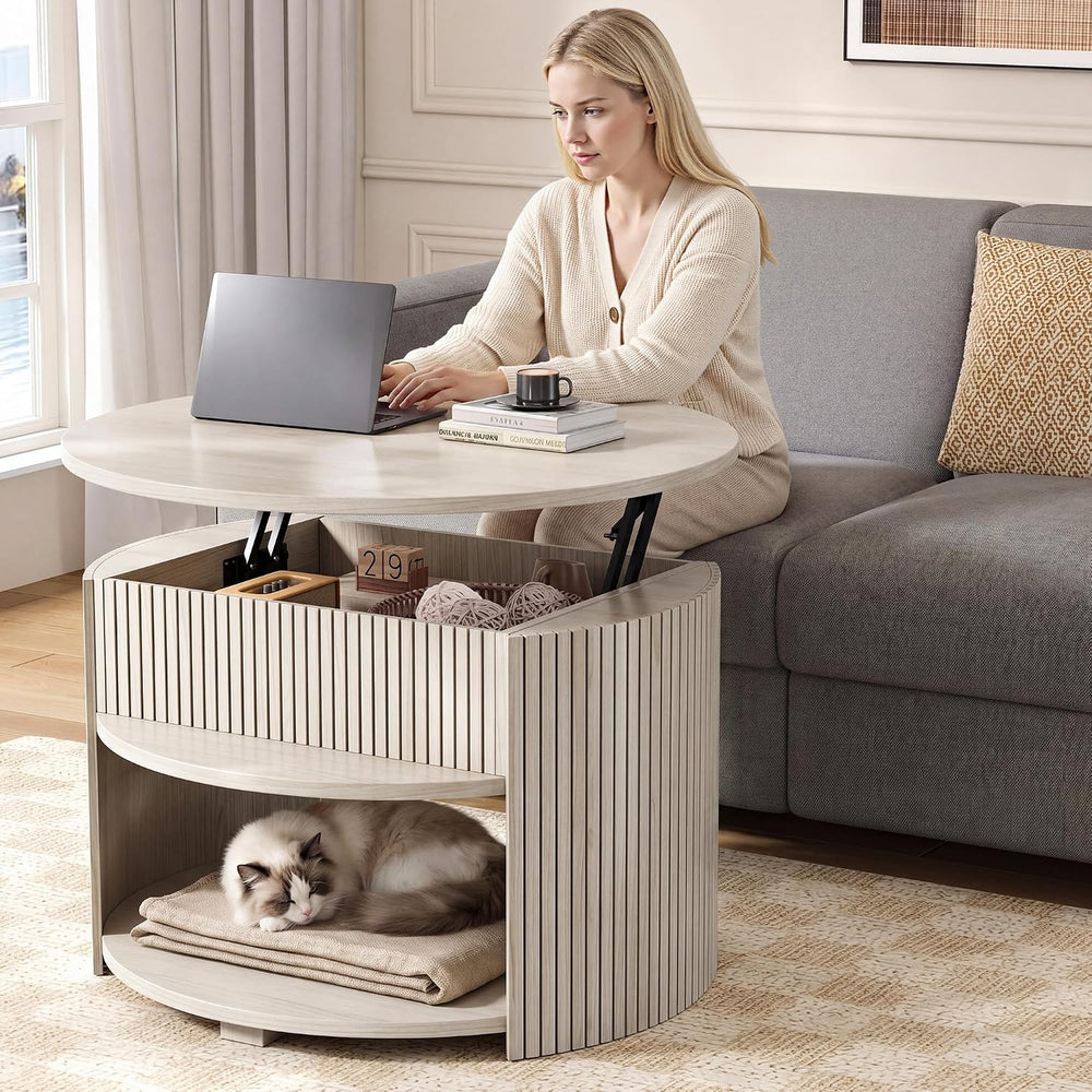 Round Lift Top Coffee Table with Storage, Fluted Mid-Century Modern Coffee Ta...