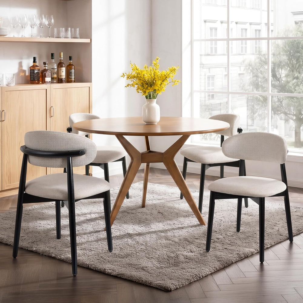 Farmhouse Dining Chairs Set of 4, Mid Century Modern Wooden Linen Fabric Upho...