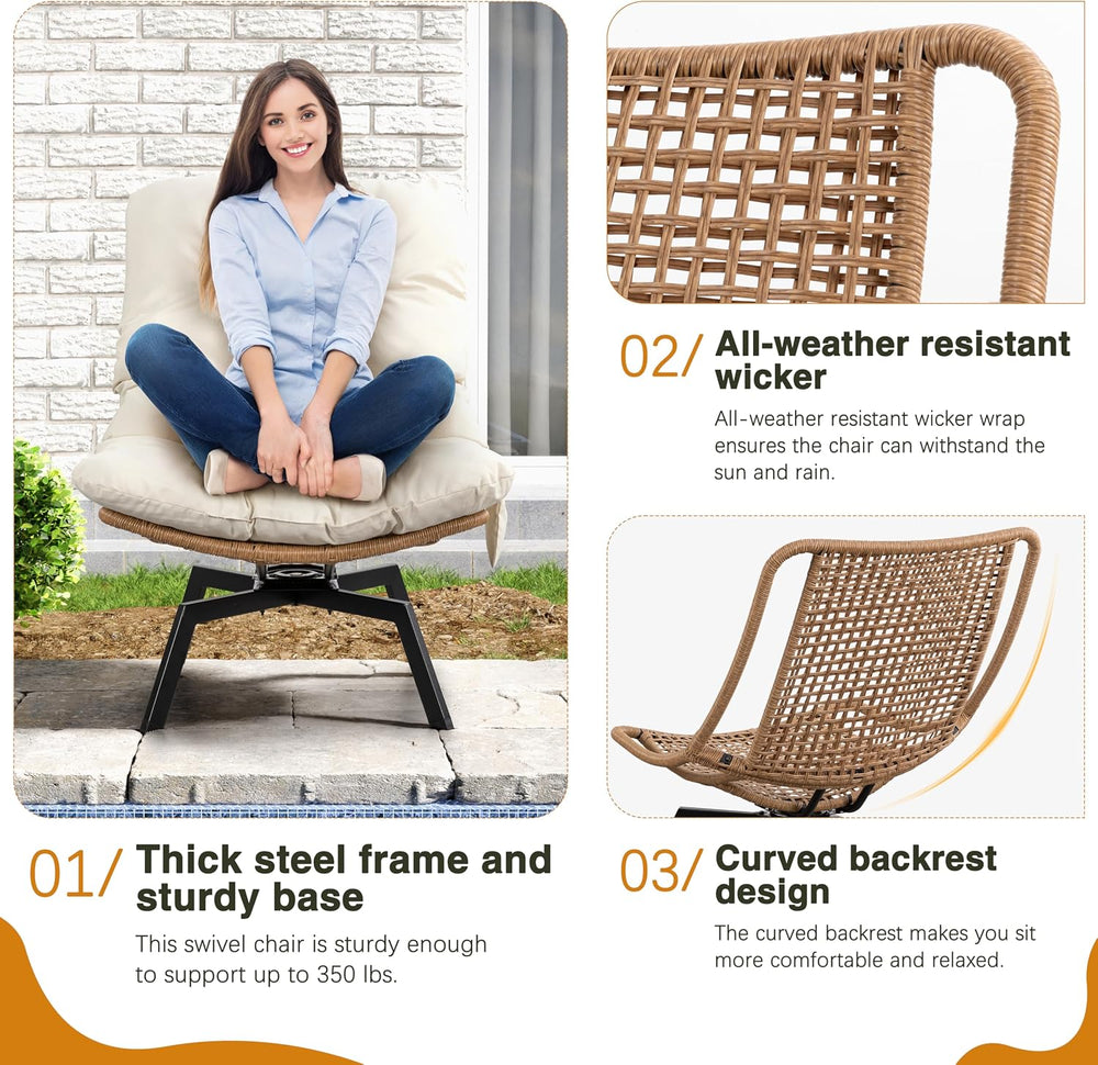Shintenchi Outdoor Rattan Swivel Chair,Nature Wicker Patio Rotating Chair wit...