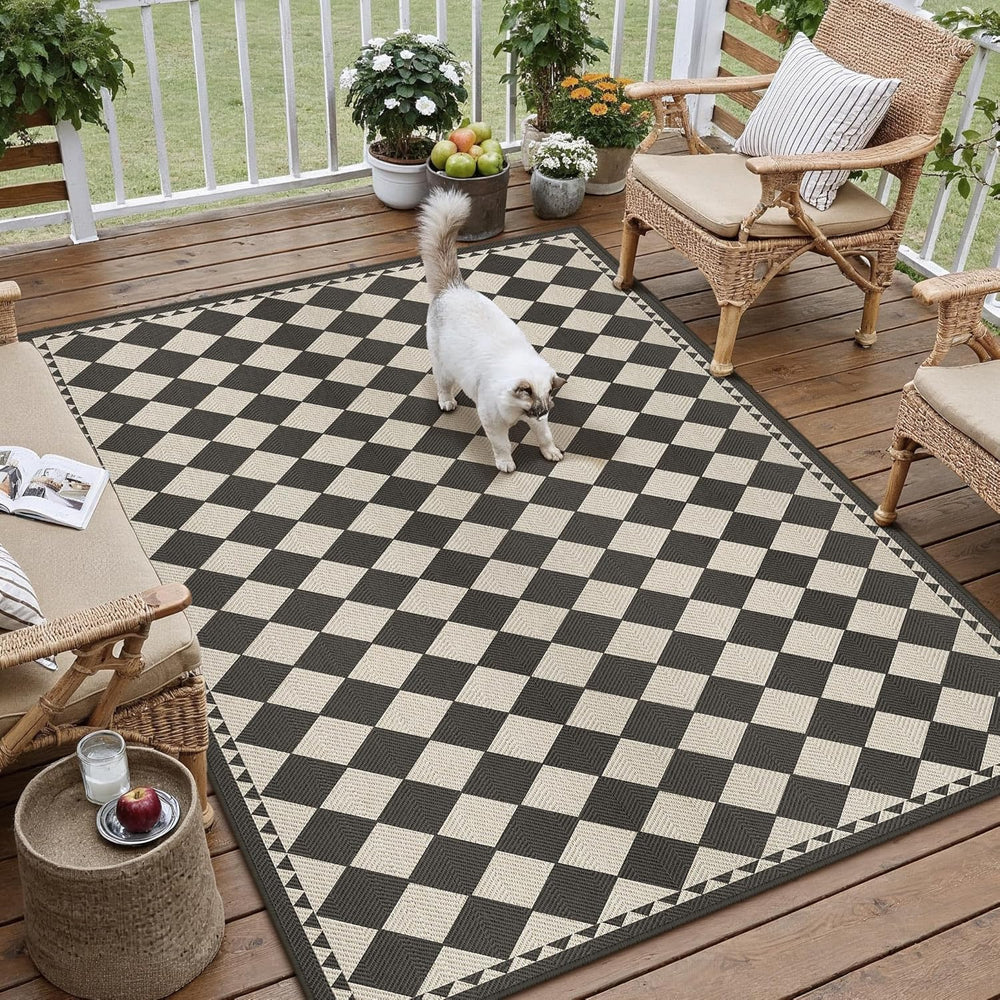 HUGEAR 5x8 Black Beige Checkered Linen Look Indoor Outdoor Rug for Patio