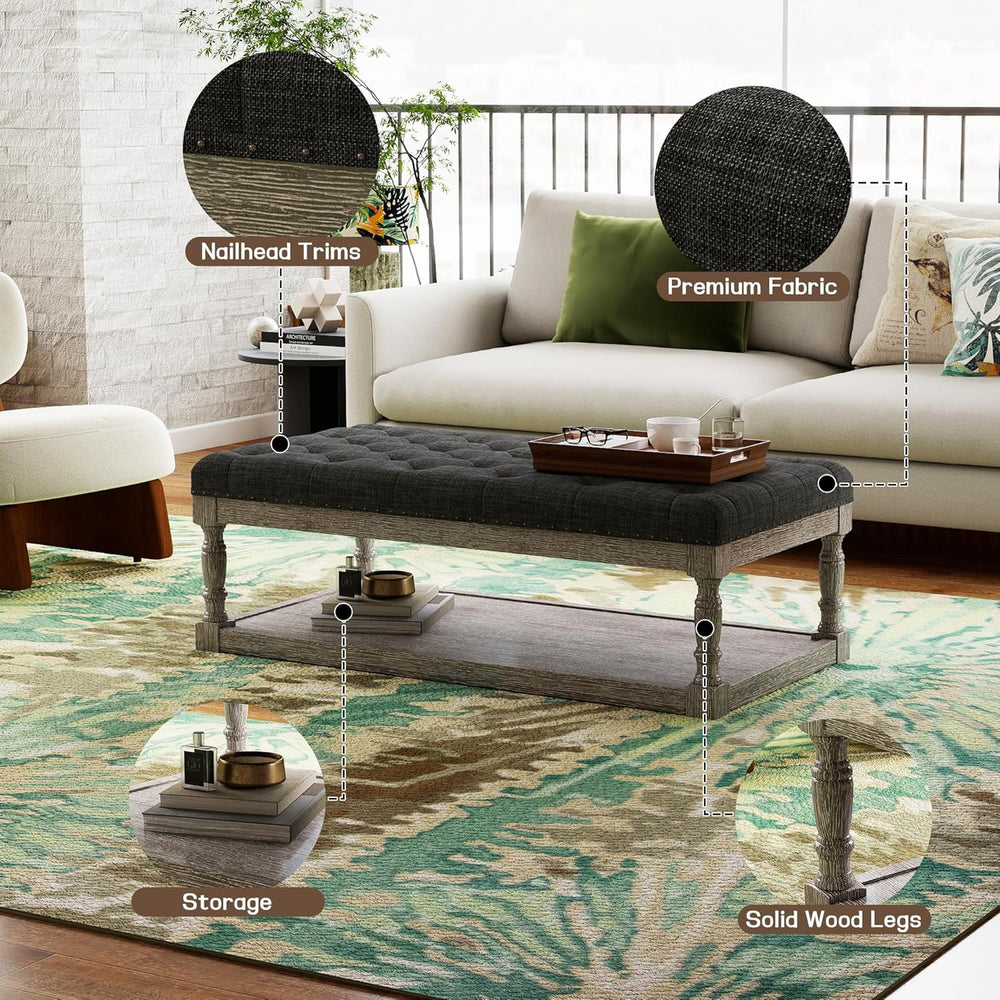 48" Large Ottoman with Storage Coffee Table, Upholstered Tufted Linen Ot...