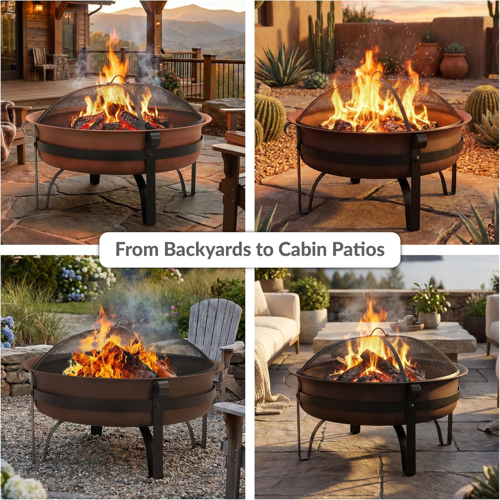 Sunnydaze Round Patio Fire Pit for Outside Wood Burning, Dark Bronze, 34"