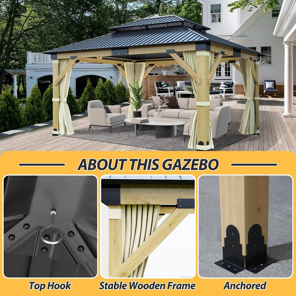 13'x15' Wood Gazebo, Outdoor Solid Wooden Gazebo with Double Roof Gal...