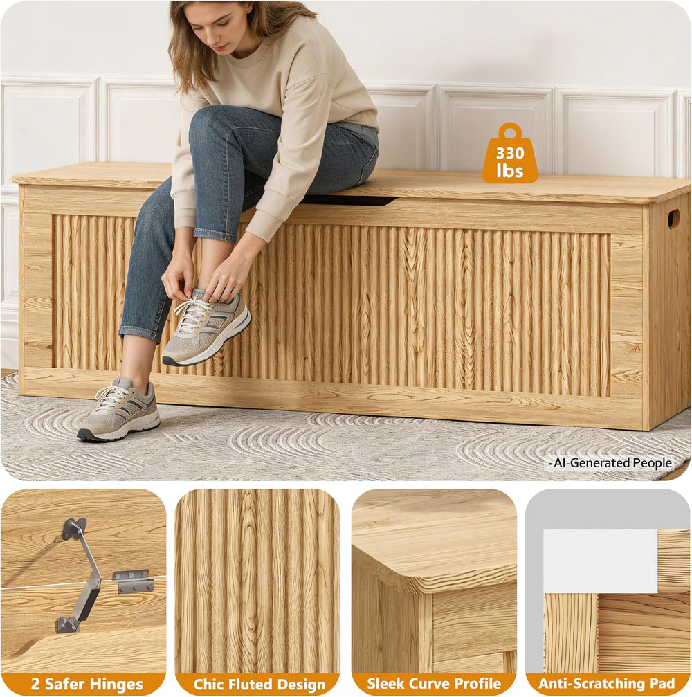 Akxomel 51.2" Fluted Storage Chest Wooden Storage Trunk 2 Safety Hinges Oak