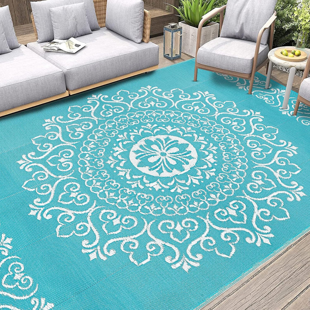 Pauwer Outdoor Rug 9x12, Waterproof Plastic Straw Camping Rug, Floral Teal