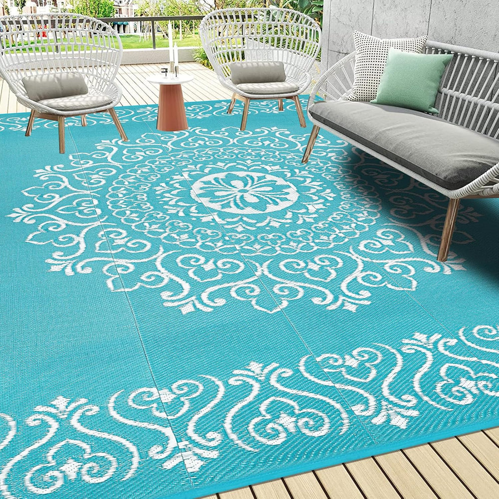 Pauwer Outdoor Rug 9x12, Waterproof Plastic Straw Camping Rug, Floral Teal