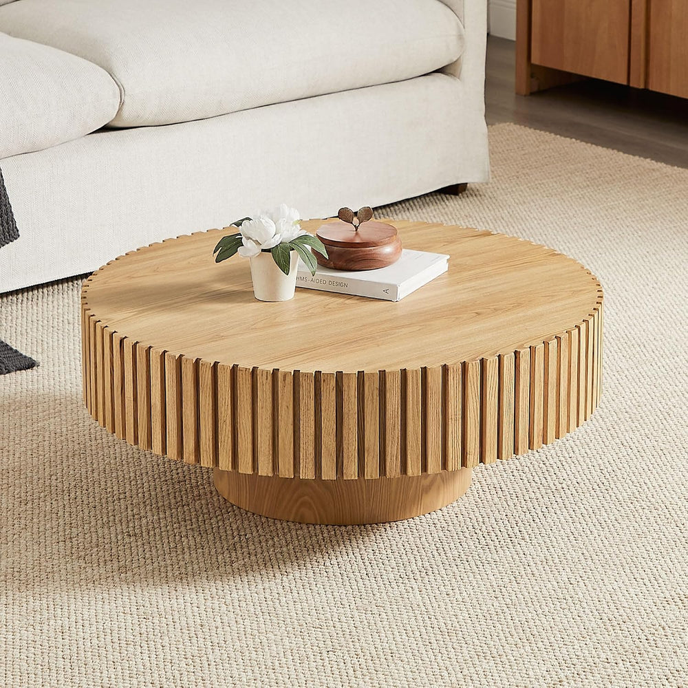 KEVINSPACE Round Coffee Table, 39" Big Wooden Fluted Coffee Table with F...