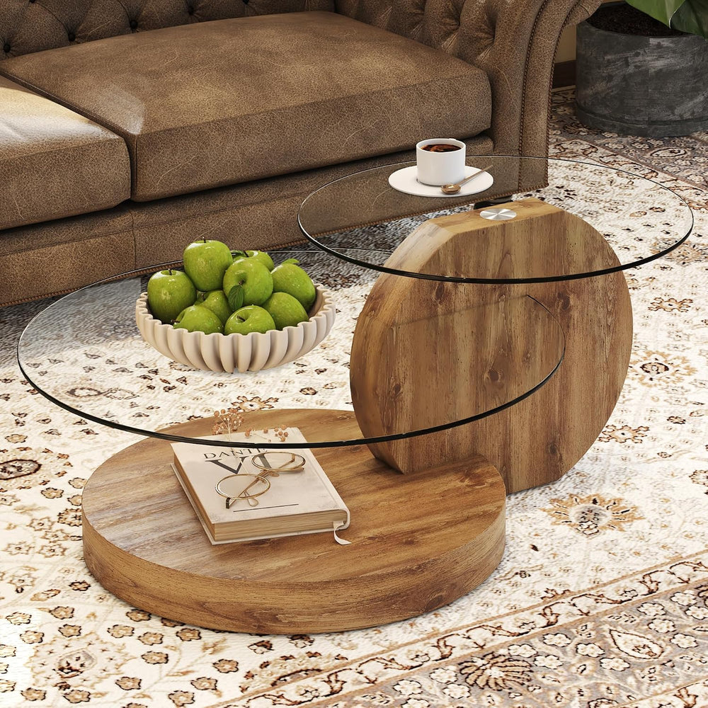 35.4" Glass Coffee Table, Small Round Coffee Table, 2-Tier Tempered Glas...