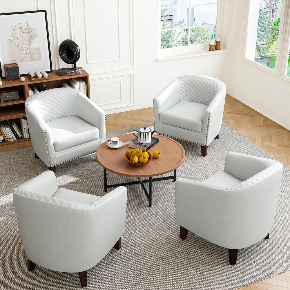Faux Leather Barrel Accent Chair with Nailhead, White, Set of 4