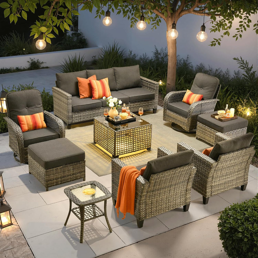 ovios 9 Pieces Patio Furniture Set, Outdoor Wicker Sofa Couch with Swivel Gli...