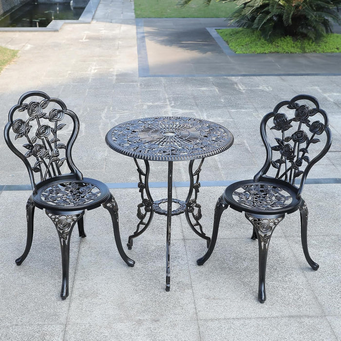 3-Piece Cast Aluminum Outdoor Bistro Set, Outdoor Table and Chairs Set of 2 with Umbrella Hole for Patio Garden (Black, Rose)