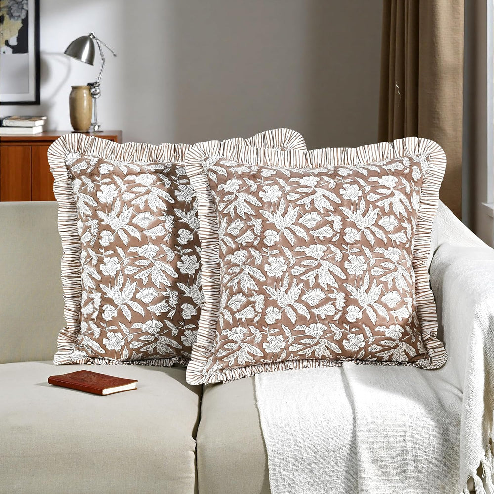 Ridhi Oak Brown Floral Block Print Throw Pillow Covers 16 x 16 Inch (Set of 2)