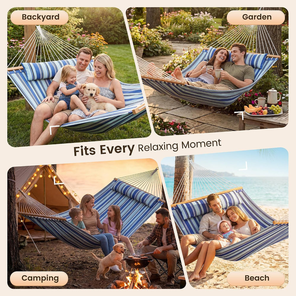 Everyfun 2 Person Quilted Hammock with Spreader Bar, 500lbs Capacity, Blue