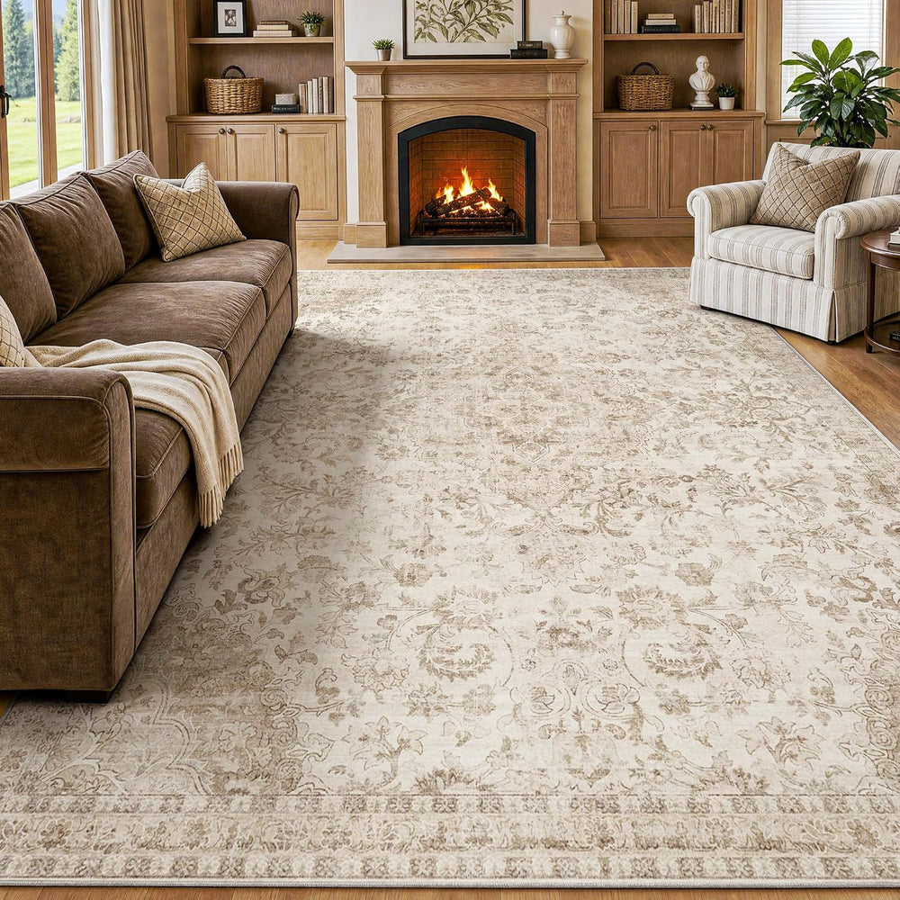 Beauoop 8x10 Washable Beige Neutral Vintage Oriental Area Rug for Bedroom