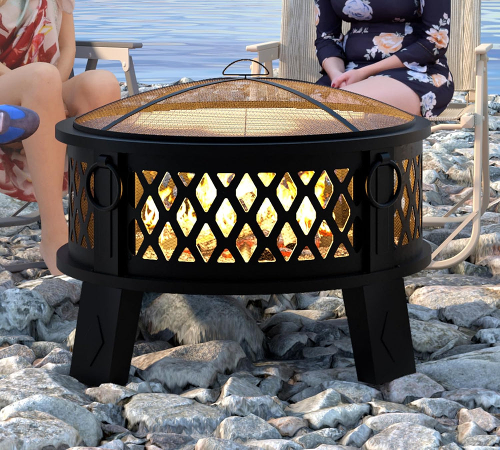 Fire Beauty 26" 2-in-1 Fire Pit with BBQ Grill, Spark Screen & Poker...
