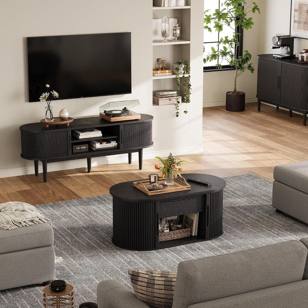 LINSY Lift Top Coffee Table, Oval Fluted Coffee Table with Storage, Mid Centu...
