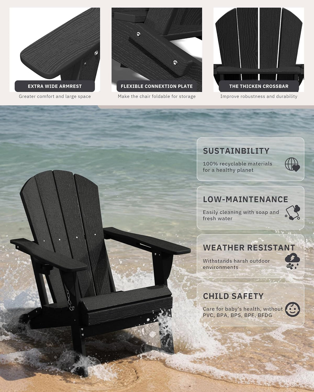 AreShark HDPE Folding Adirondack Chair with Cup Holder, Black