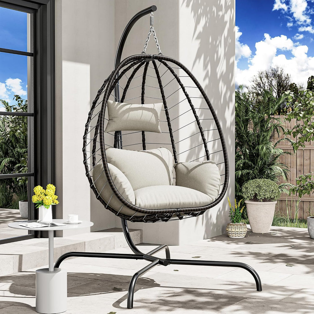 Kullavik Hanging Egg Chair Outdoor with Stand, Wicker Patio Swing Chair