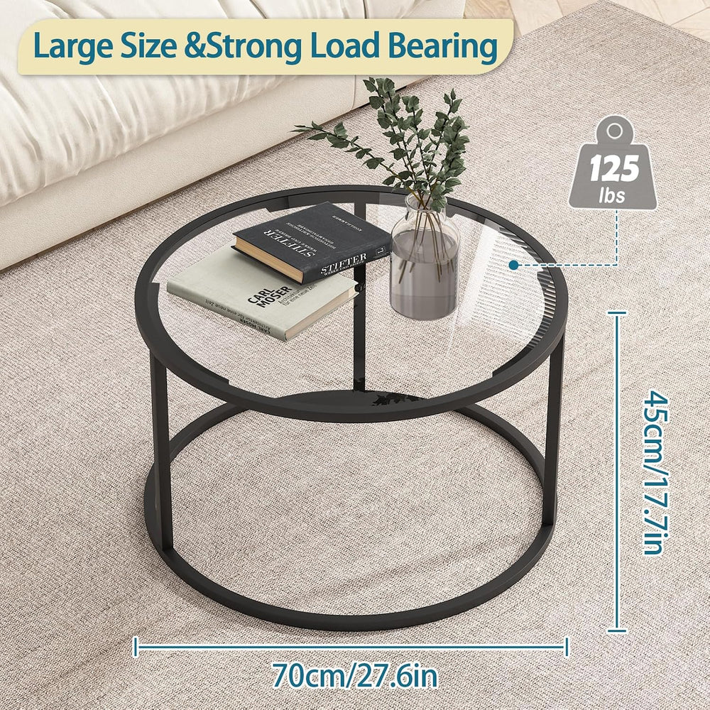 Round Coffee Table,Small Black Coffee Table for Living Room,27" Modern C...