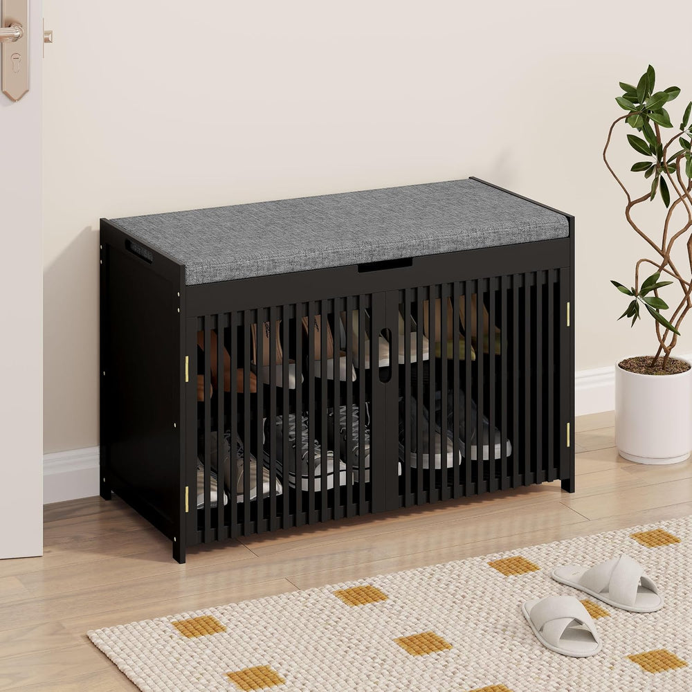Shoe Storage Bench with Cushion, 2-Tier Bamboo Shoe Rack for Entryway