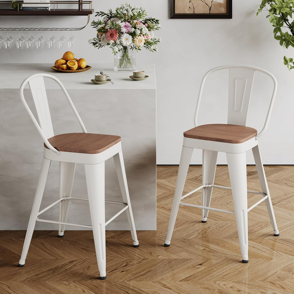 Andeworld Metal Bar Stools Set of 2, 26" Counter Height with Back,Off White