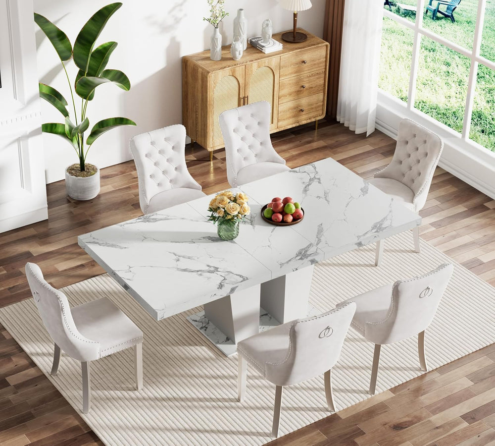 63"-78.74" White Faux Marble Extendable Dining Room Table Set for 6...