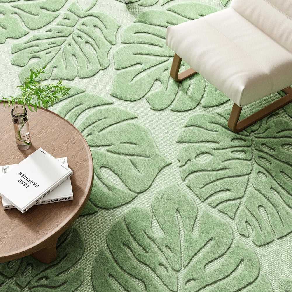 Sage Green Monstera 8x10 Area Rugs High-Low Plush Pile Washable
