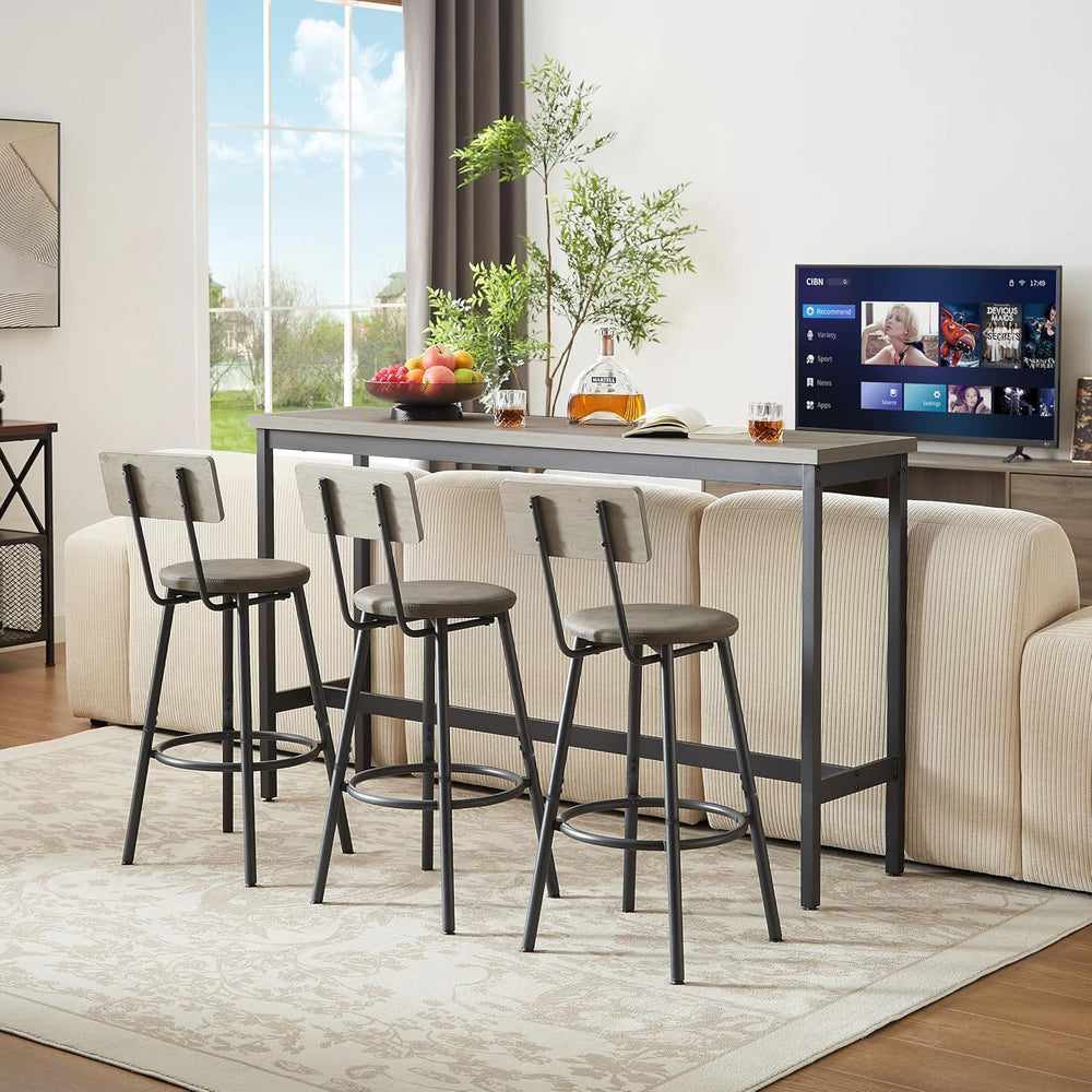 Long Bar Table Set with 3 PU Upholstered Bar Stools, Industrial Bar Table and...