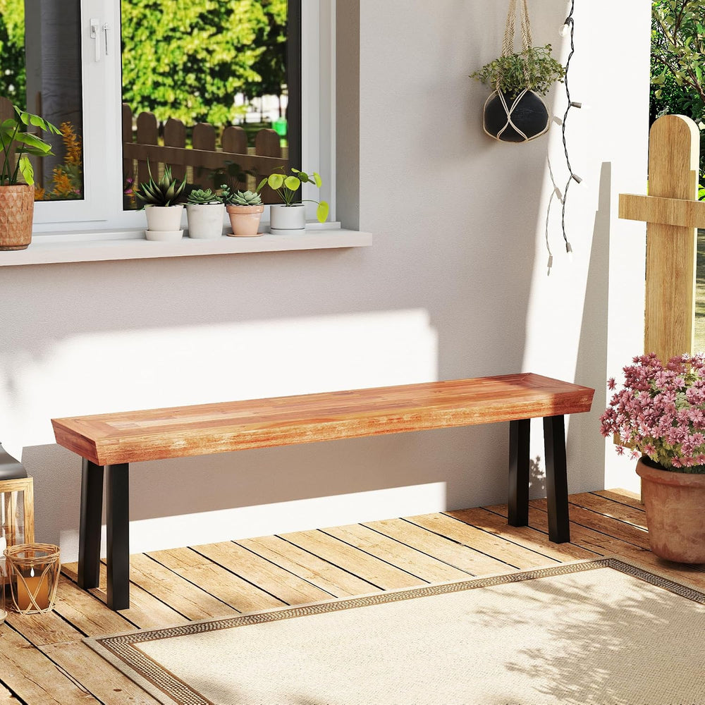 Tangkula Outdoor Acacia Wood Bench, Patio Dining Picnic Bench with Steel Legs...