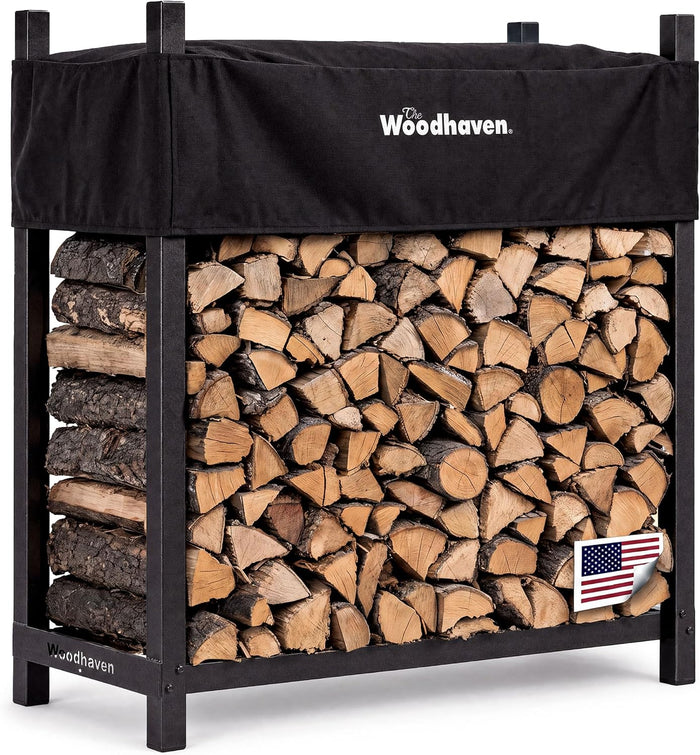Woodhaven 4-Foot Raised Firewood Rack Black w/Cover, 1/4 Cord|Made in USA