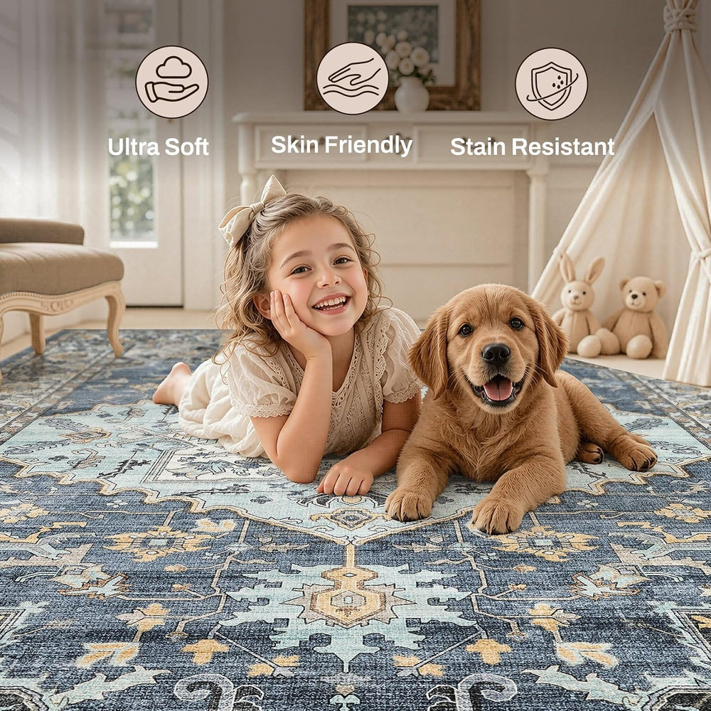 12x15 Area Rugs for Living Room: Washable Neutral Blue Yellow Rug