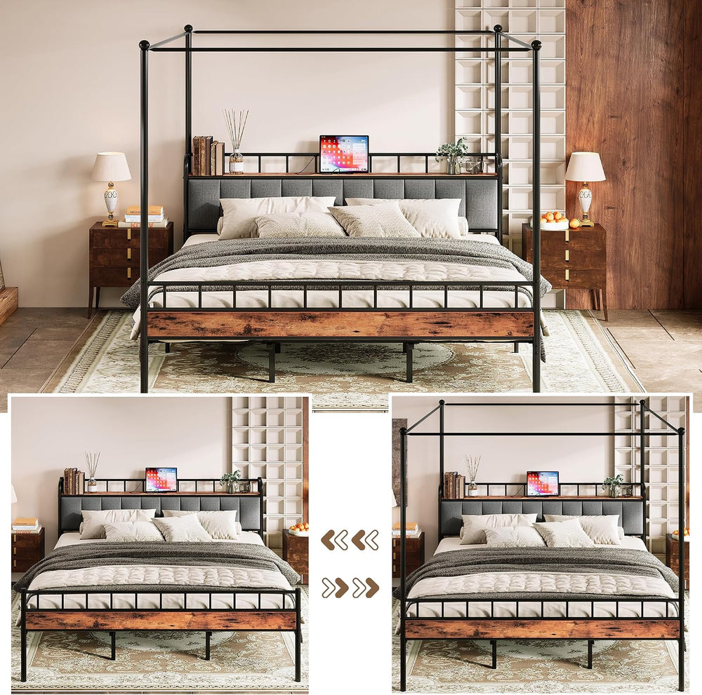 LIKIMIO King Canopy Bed Frame, Storage Headboard with Charging Station