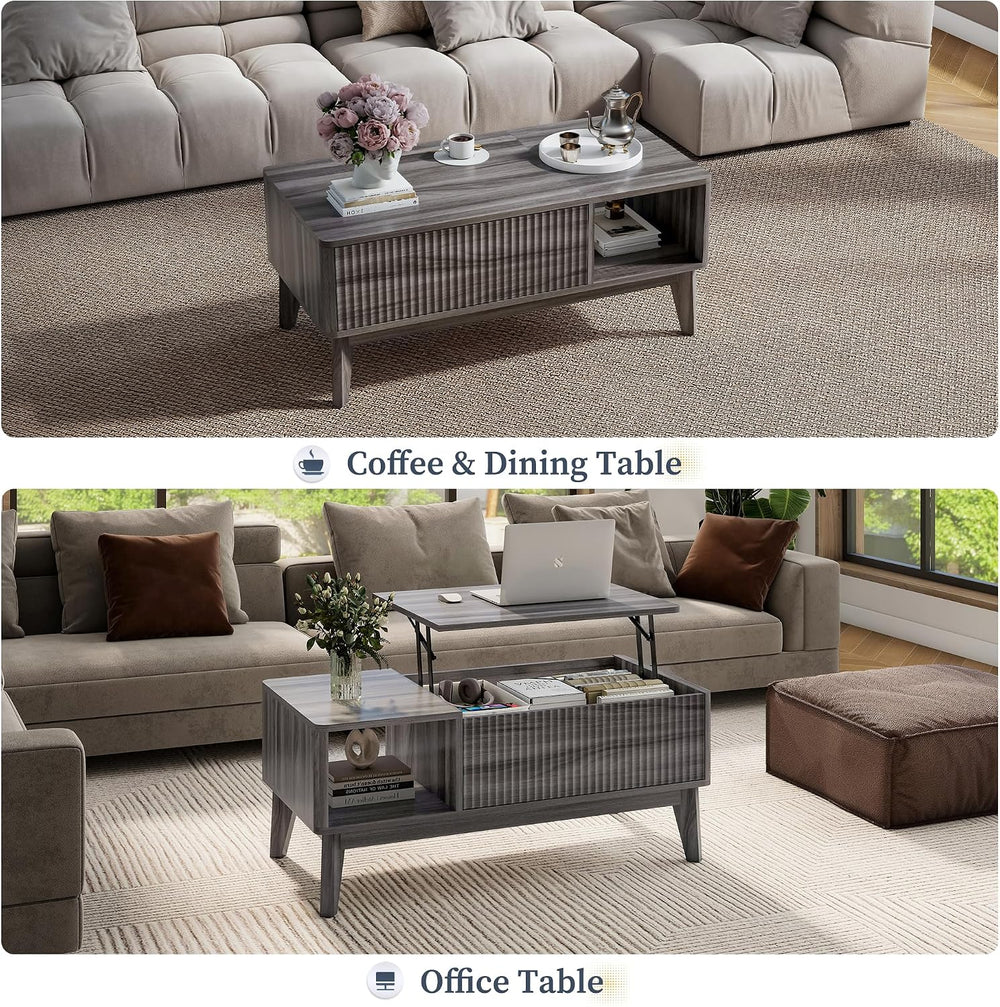 LYNCOHOME Fluted Lift Top Coffee Table with Storage,Modern Center Table for L...
