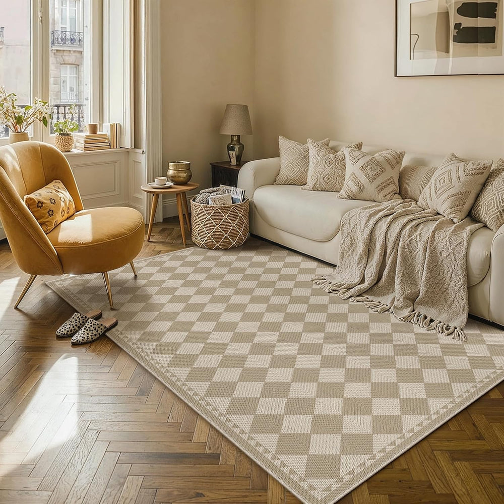 HUGEAR 5x8 Beige Brown Checkered Linen Look Indoor Outdoor Rug for Patio