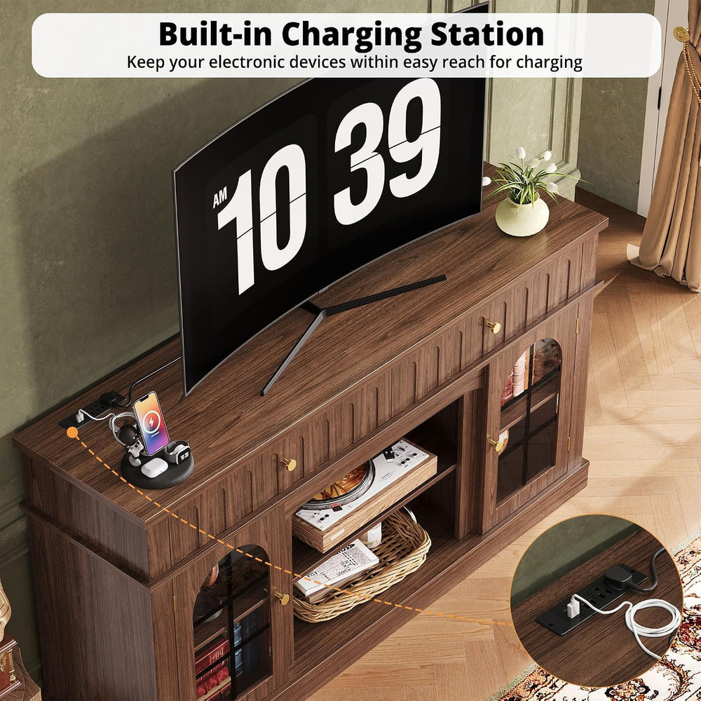 IRONCK TV Stand for 65 Inch TV with Charging Station, Walnut Brown