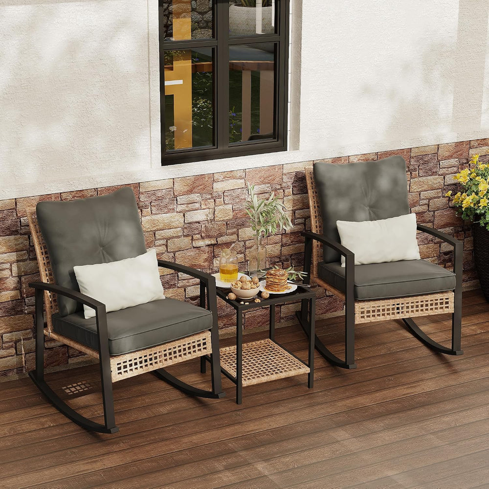 3 Piece Patio Rocking Chairs Set of 2, Outdoor Rocking Chair Bistro Set with ...