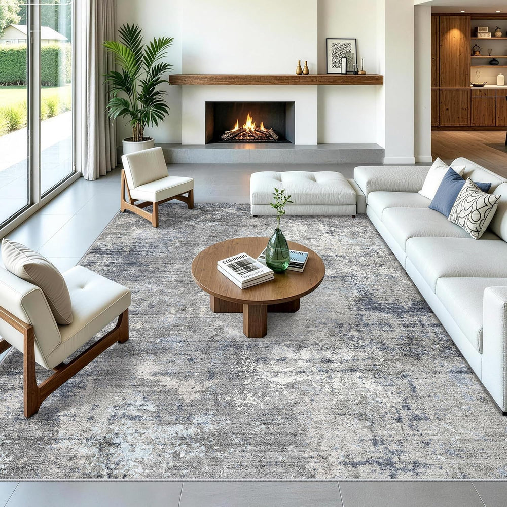 10x14 Area Rug for Living Room, Washable Modern Abstract Rug, Blue Grey