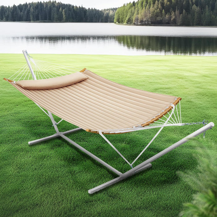 SUPERJARE Hammock with Stand, 2 Person Heavy Duty Hammock with Padded Cotton, Detachable Pillow & Strong Curved-Bar & Portable Carrying Bag, Perfect for Outdoor & Indoor, Beige