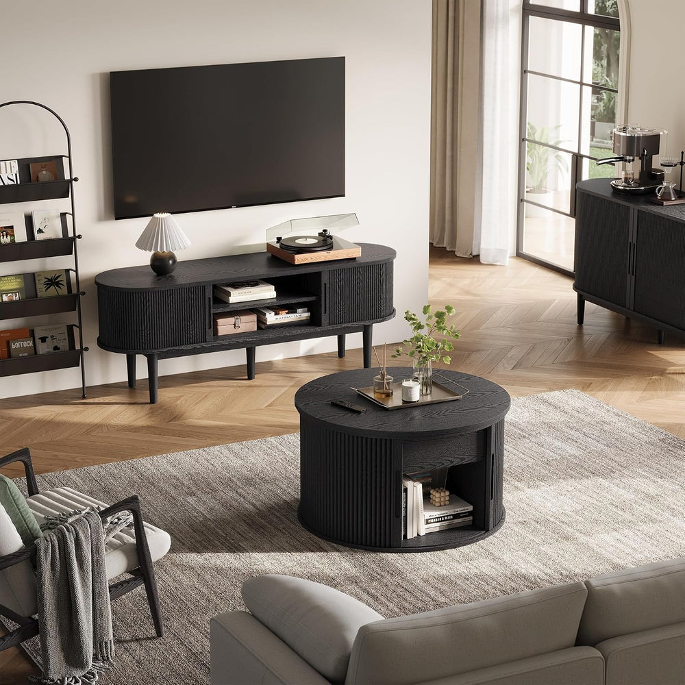 LINSY Lift Top Coffee Table, Round Fluted Coffee Table with Storage, Mid Cent...