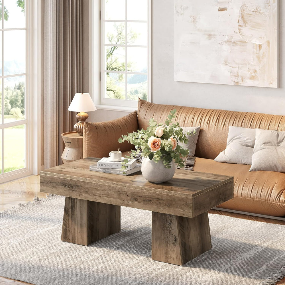 LITTLE TREE Farmhouse Coffee Table, 47 Inches Wooden Rectangular Accent Cente...