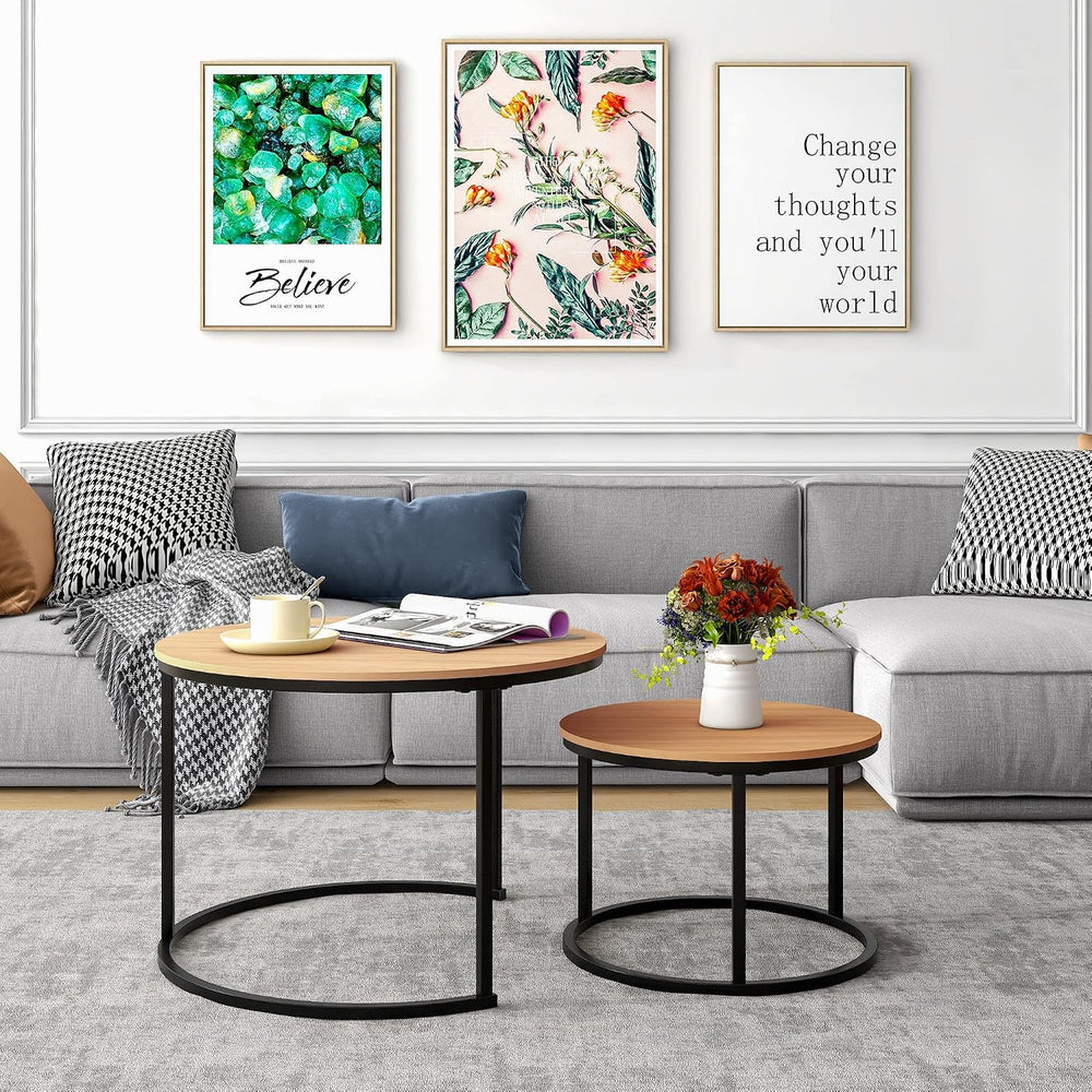 HOJINLINERO Round Nesting Coffee Table Set of 2,Cocktail Table,Large,Oak