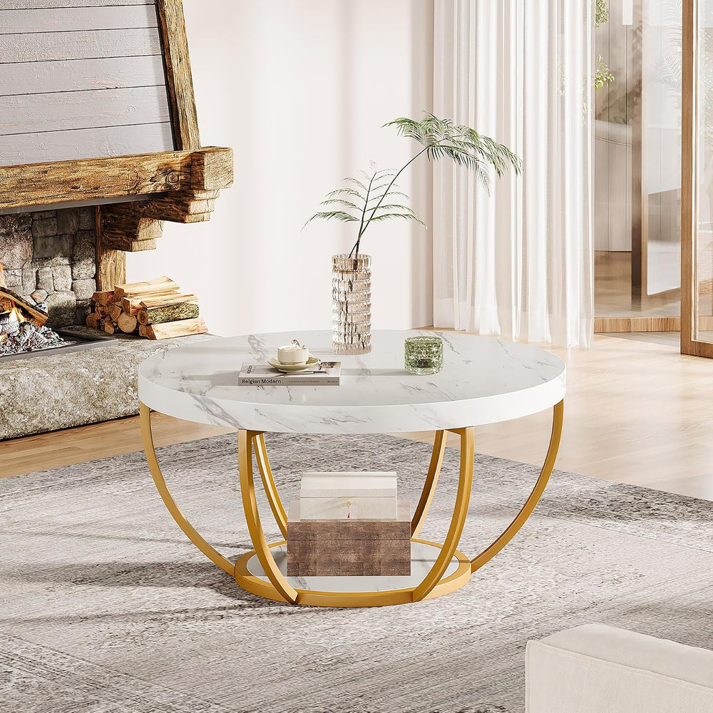 Tribesigns White and Gold Round Coffee Table, 31.7" Living Room Table