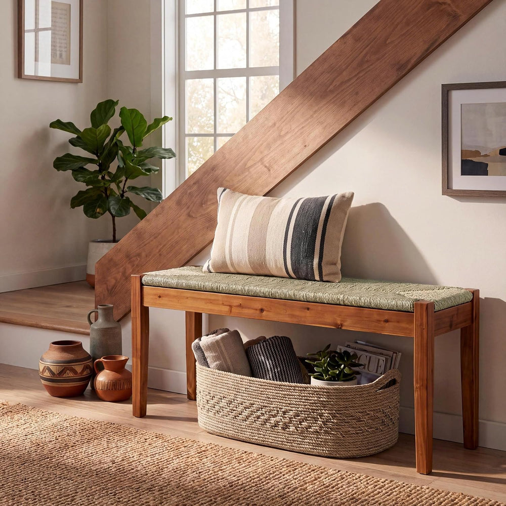 46-Inch Acacia Wood Bench with Natural Seagrass Woven Seat, Indoor Bench