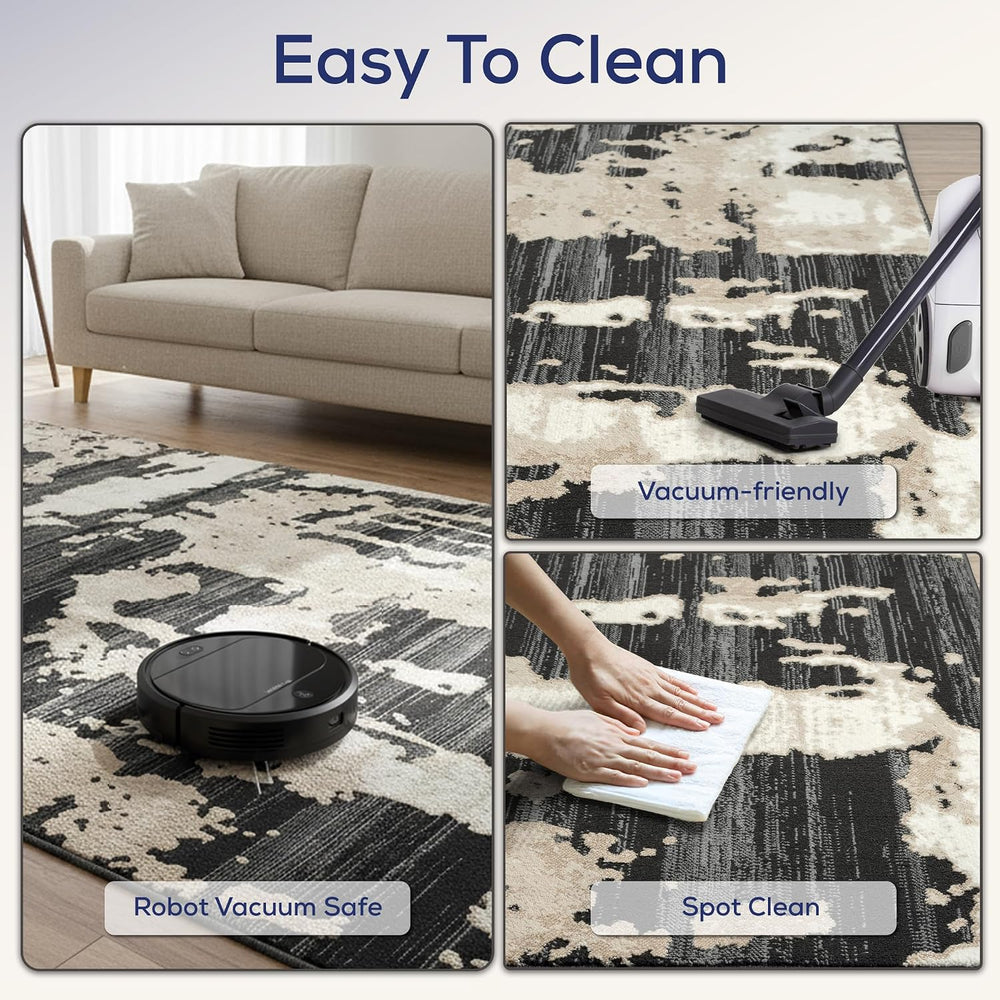 Abani Black and Cream Area Rug | 5' x 8' Tan and Beige Abstract Patte...