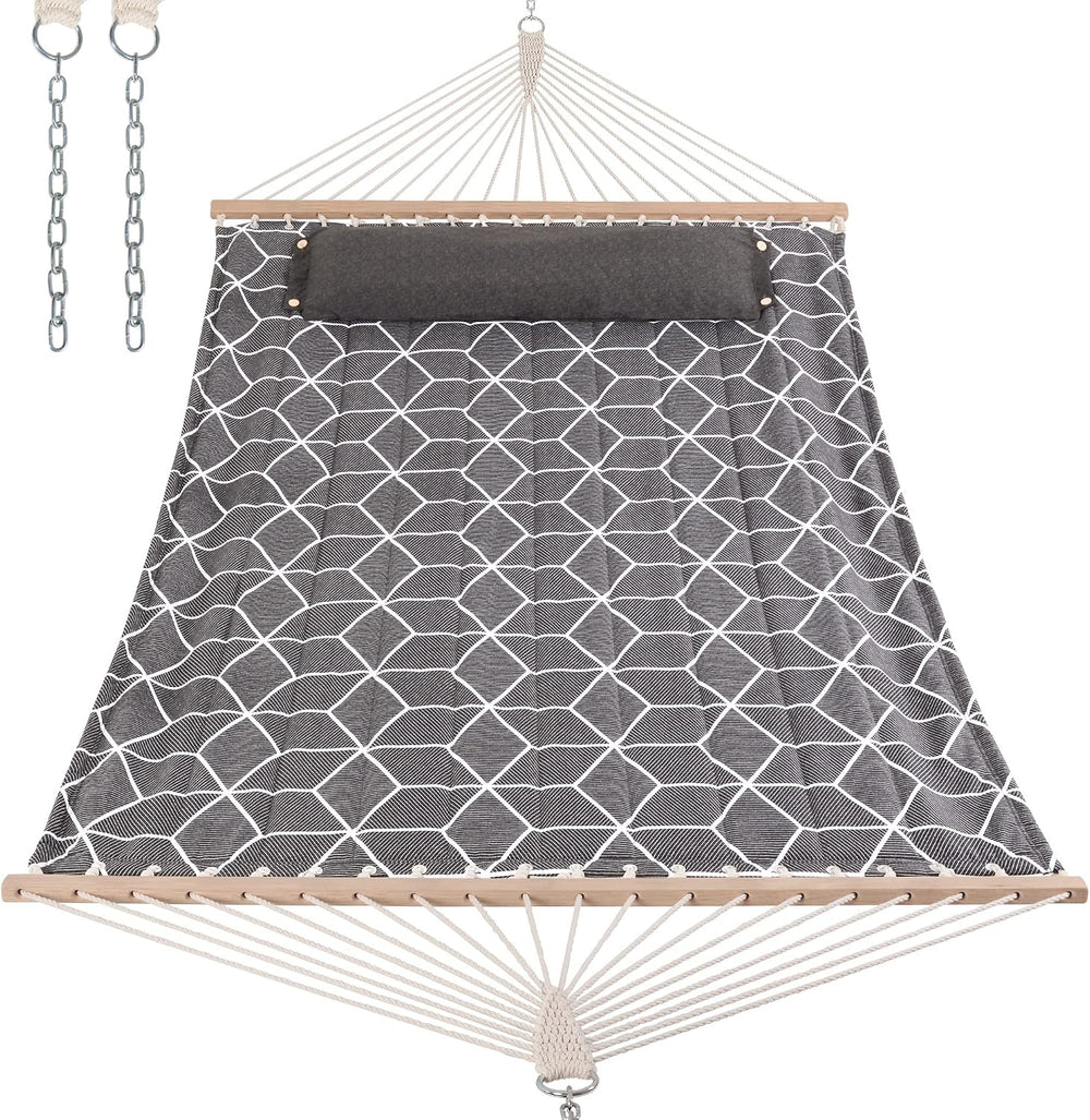 ANOW Double Quilted Hammock with Spreader Bars and Large Pillow, Gray Cube