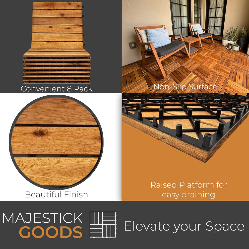 Majestick Goods 8-Pack Long Slat Acacia Wood Interlocking Deck Tiles