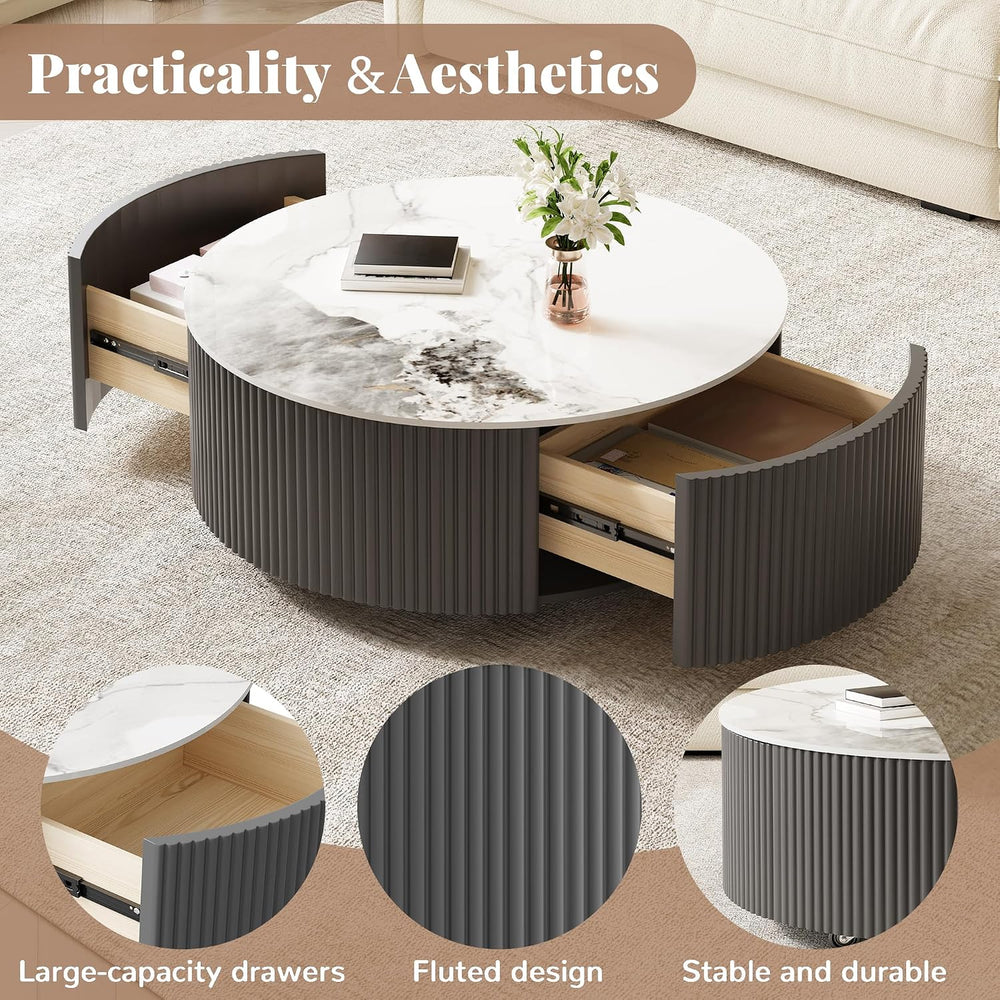 Round Coffee Table with Storage, Modern Movable Coffee Table with Marble Patt...